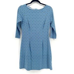 J. McLaughlin Geometric Sheath Dress Size XS Blue ¾ Length Sleeves Pleats Preppy